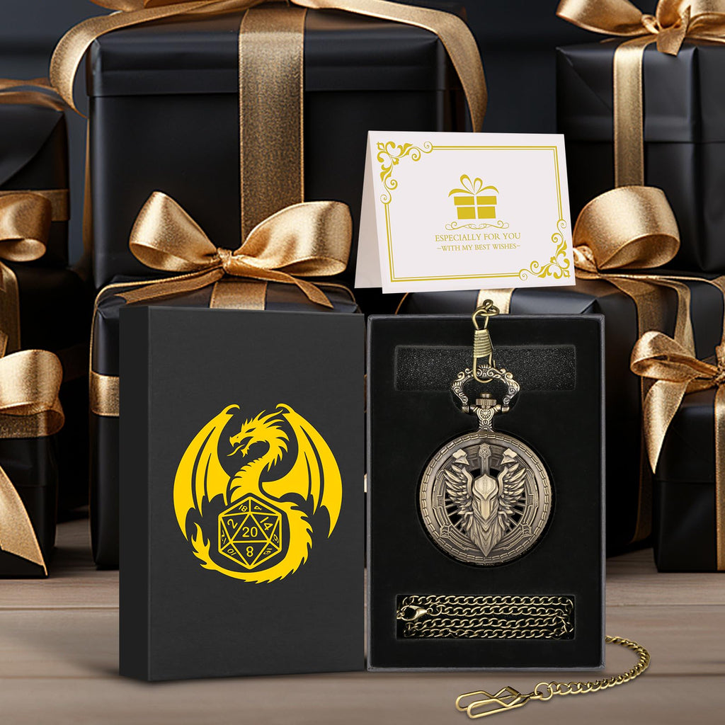 Steampunk Pocket Watch Dice Case - 7 Metal Polyhedral Dice Set with Gift Box, Paladin Knight Design
