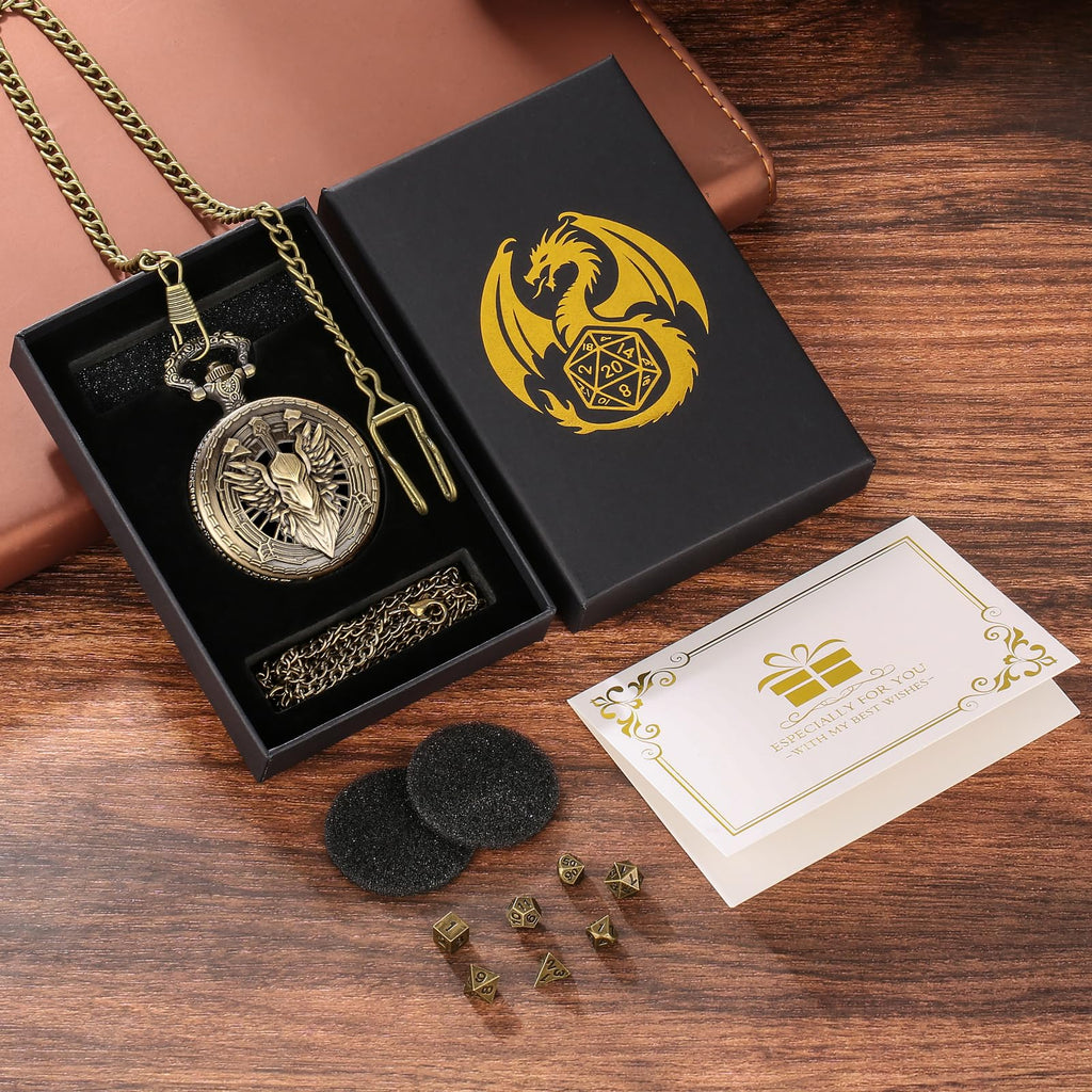 Steampunk Pocket Watch Dice Case - 7 Metal Polyhedral Dice Set with Gift Box, Paladin Knight Design