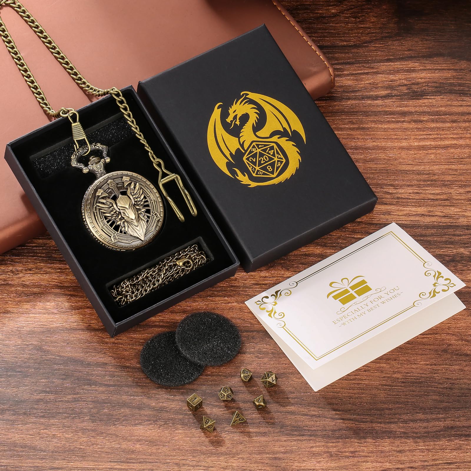 Steampunk Pocket Watch Dice Case - 7 Metal Polyhedral Dice Set with Gift Box, Paladin Knight Design
