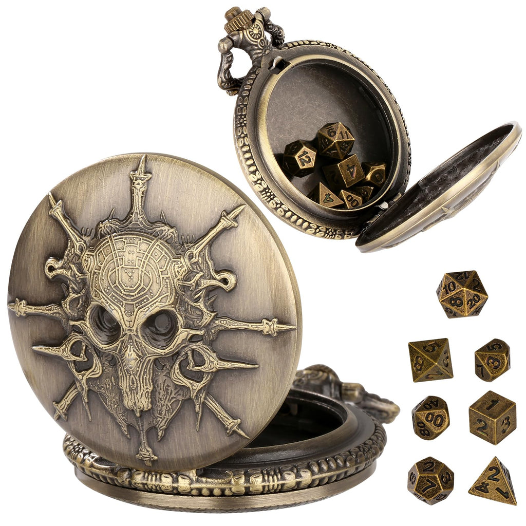 Steampunk Pocket Watch Dice Set - 7-Piece Metal Polyhedral D&D Dice in Bronze with Gift Box by Keller & Weber