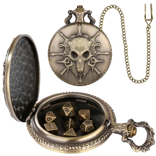 Steampunk Pocket Watch Dice Set - 7-Piece Metal Polyhedral D&D Dice in Bronze with Gift Box by Keller & Weber