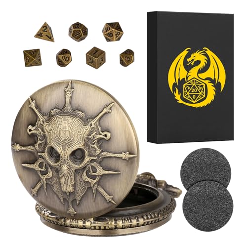 Steampunk Pocket Watch Dice Set - 7-Piece Metal Polyhedral D&D Dice in Bronze with Gift Box by Keller & Weber