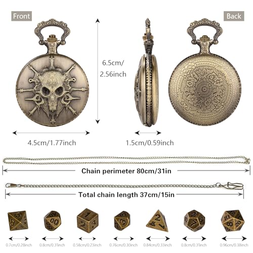 Steampunk Pocket Watch Dice Set - 7-Piece Metal Polyhedral D&D Dice in Bronze with Gift Box by Keller & Weber