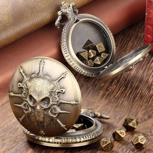 Steampunk Pocket Watch Dice Set - 7-Piece Metal Polyhedral D&D Dice in Bronze with Gift Box by Keller & Weber