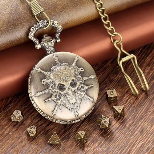 Steampunk Pocket Watch Dice Set - 7-Piece Metal Polyhedral D&D Dice in Bronze with Gift Box by Keller & Weber