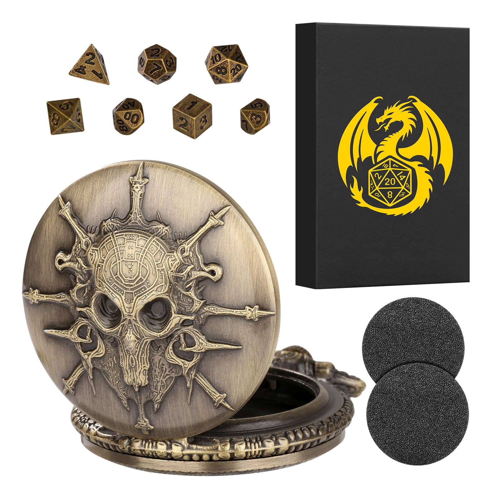 Steampunk Pocket Watch Dice Set - 7-Piece Metal Polyhedral D&D Dice in Bronze with Gift Box by Keller & Weber