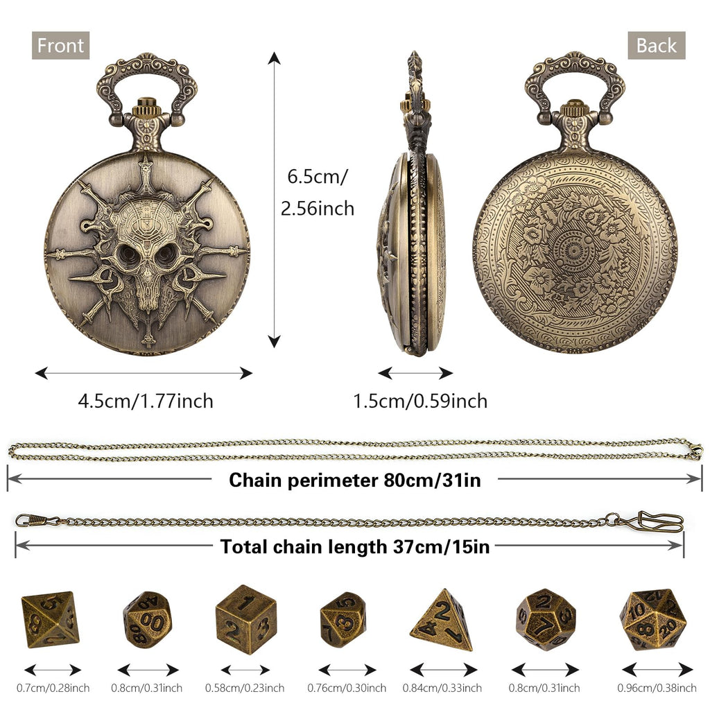 Steampunk Pocket Watch Dice Set - 7-Piece Metal Polyhedral D&D Dice in Bronze with Gift Box by Keller & Weber