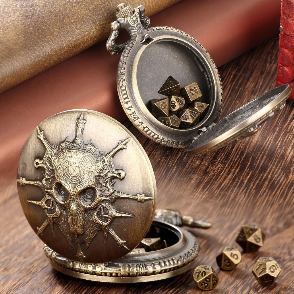 Steampunk Pocket Watch Dice Set - 7-Piece Metal Polyhedral D&D Dice in Bronze with Gift Box by Keller & Weber