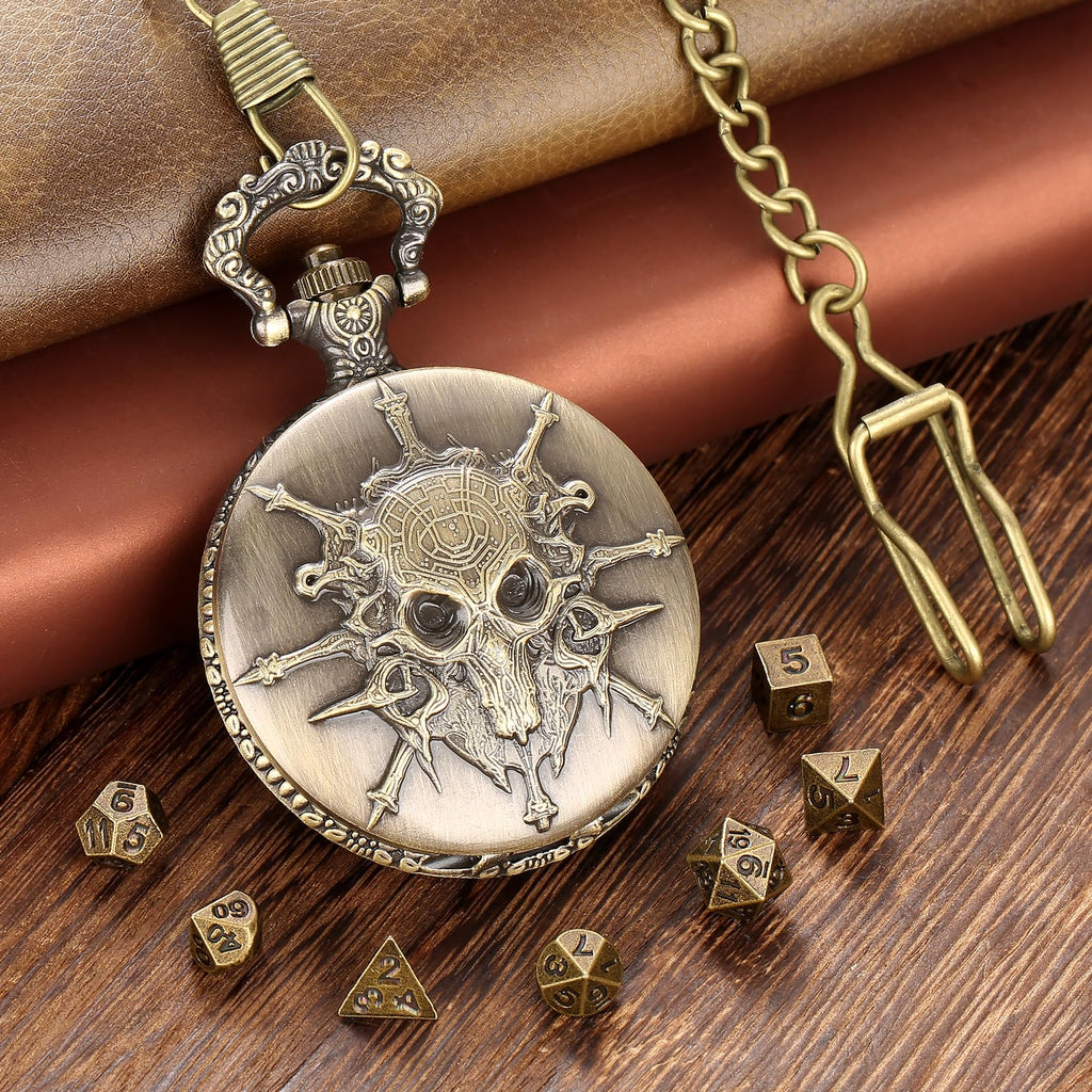 Steampunk Pocket Watch Dice Set - 7-Piece Metal Polyhedral D&D Dice in Bronze with Gift Box by Keller & Weber