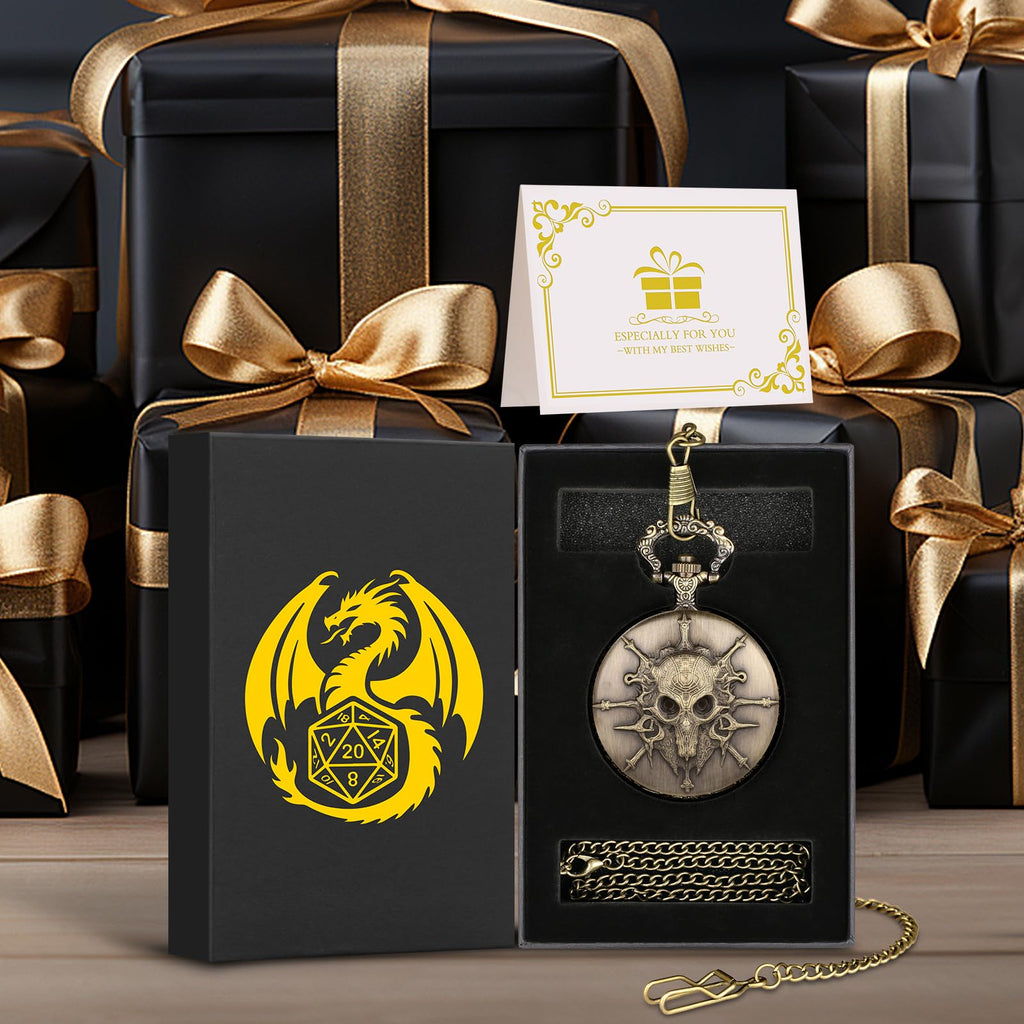 Steampunk Pocket Watch Dice Set - 7-Piece Metal Polyhedral D&D Dice in Bronze with Gift Box by Keller & Weber