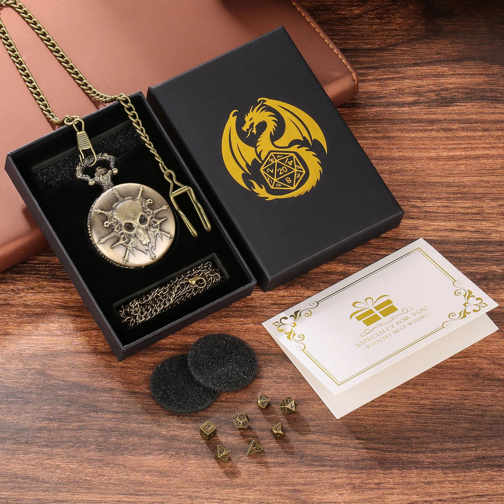 Steampunk Pocket Watch Dice Set - 7-Piece Metal Polyhedral D&D Dice in Bronze with Gift Box by Keller & Weber