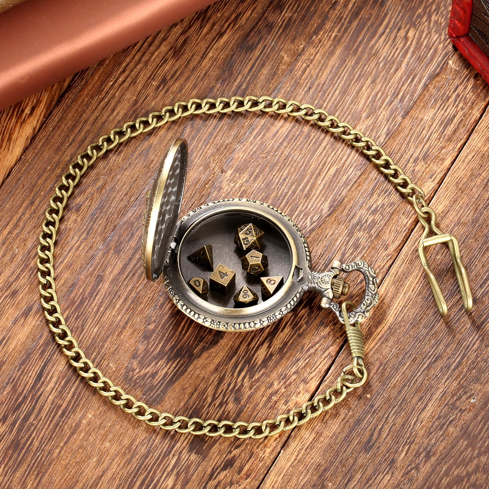 Steampunk Pocket Watch Dice Set - 7-Piece Metal Polyhedral D&D Dice in Bronze with Gift Box by Keller & Weber