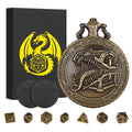 Steampunk Pocket Watch Dice Set – Mini DND Polyhedral 7-Piece in Tongue Treasure Chest Case with Gift Box