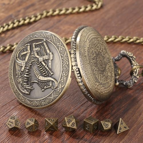 Steampunk Pocket Watch Dice Set – Mini DND Polyhedral 7-Piece in Tongue Treasure Chest Case with Gift Box