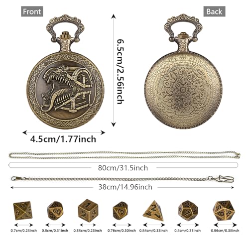 Steampunk Pocket Watch Dice Set – Mini DND Polyhedral 7-Piece in Tongue Treasure Chest Case with Gift Box