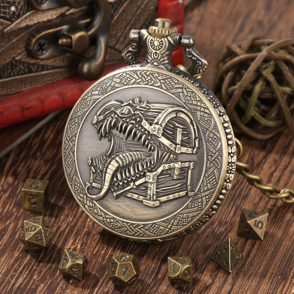 Steampunk Pocket Watch Dice Set – Mini DND Polyhedral 7-Piece in Tongue Treasure Chest Case with Gift Box