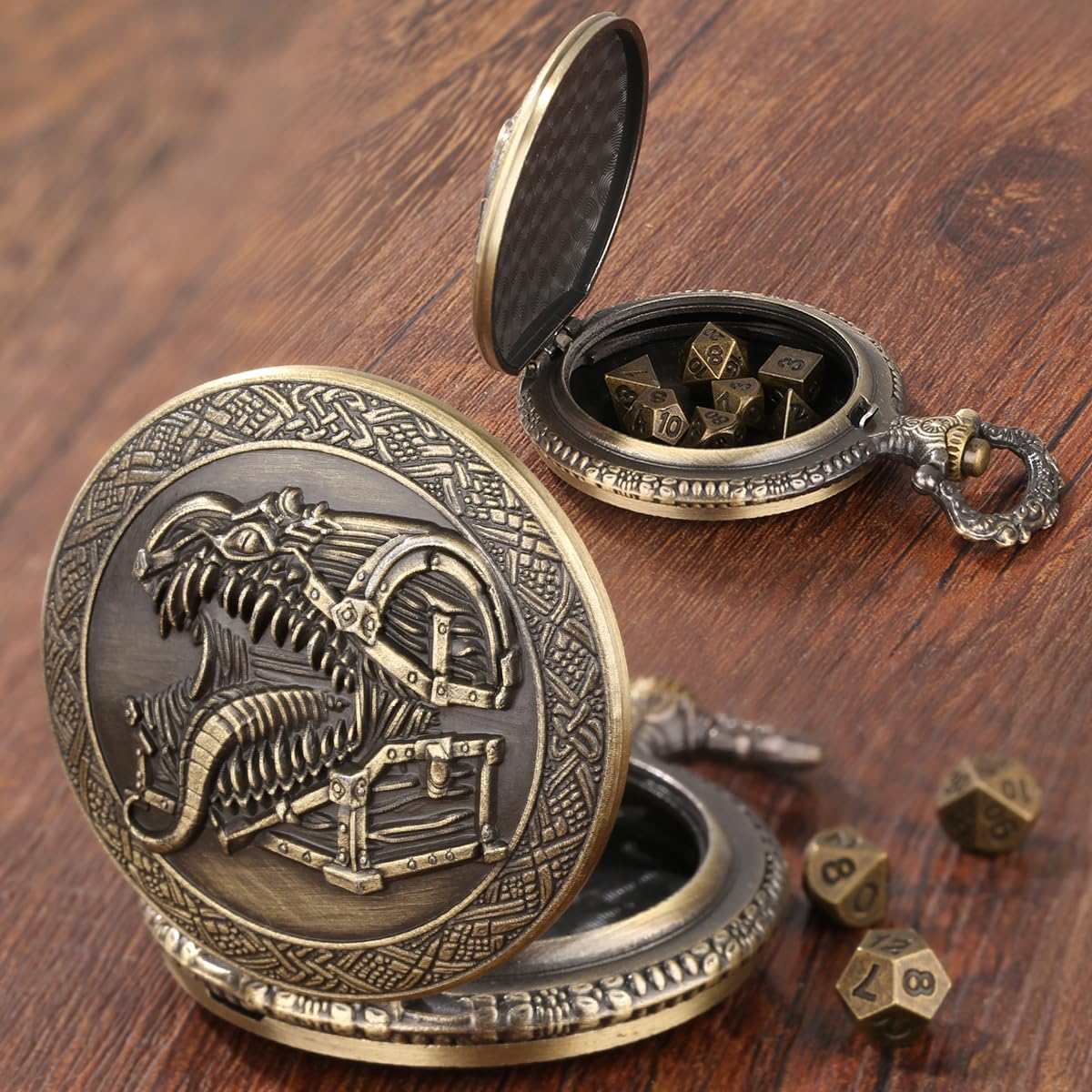 Steampunk Pocket Watch Dice Set – Mini DND Polyhedral 7-Piece in Tongue Treasure Chest Case with Gift Box