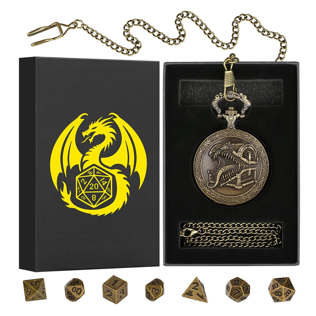 Steampunk Pocket Watch Dice Set – Mini DND Polyhedral 7-Piece in Tongue Treasure Chest Case with Gift Box