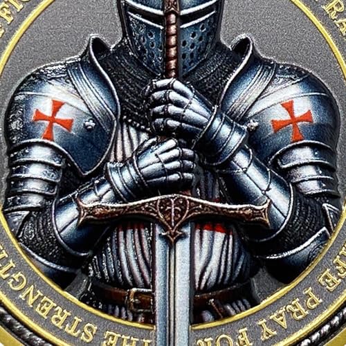 Steel Helm Knight Cross Challenge Coin – Knights Templar Token with 3D Texture, 35mm, Honor & Courage Design