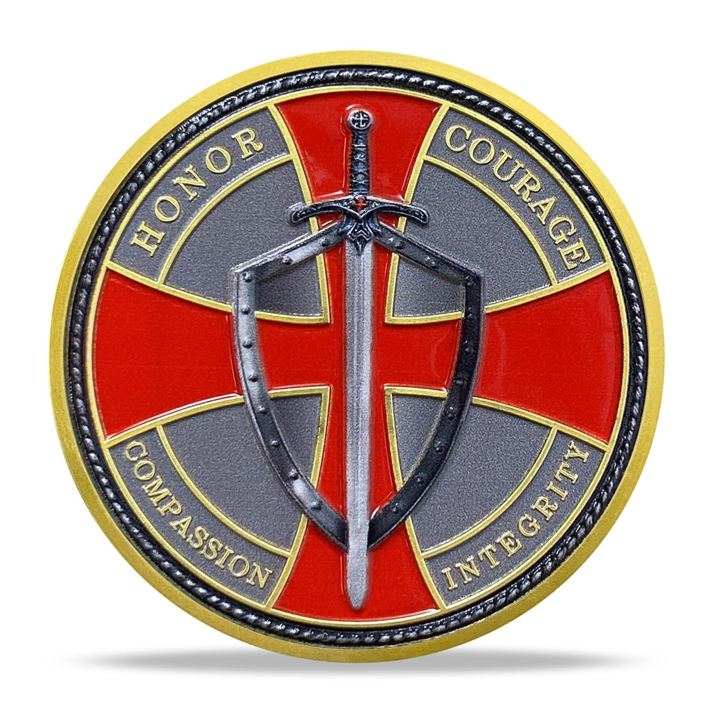 Steel Helm Knight Cross Challenge Coin – Knights Templar Token with 3D Texture, 35mm, Honor & Courage Design