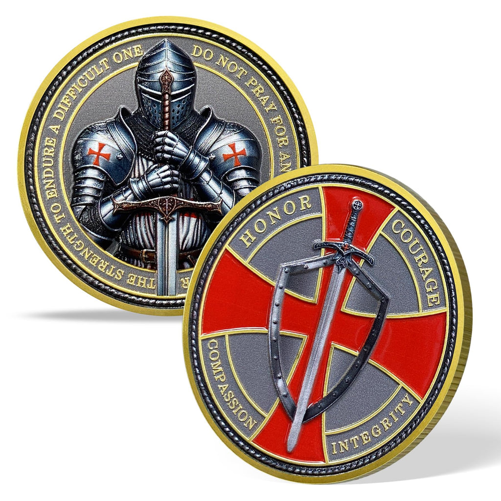 Steel Helm Knight Cross Challenge Coin – Knights Templar Token with 3D Texture, 35mm, Honor & Courage Design