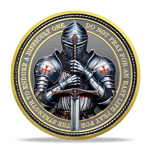 Steel Helm Knight Cross Challenge Coin – Knights Templar Token with 3D Texture, 35mm, Honor & Courage Design