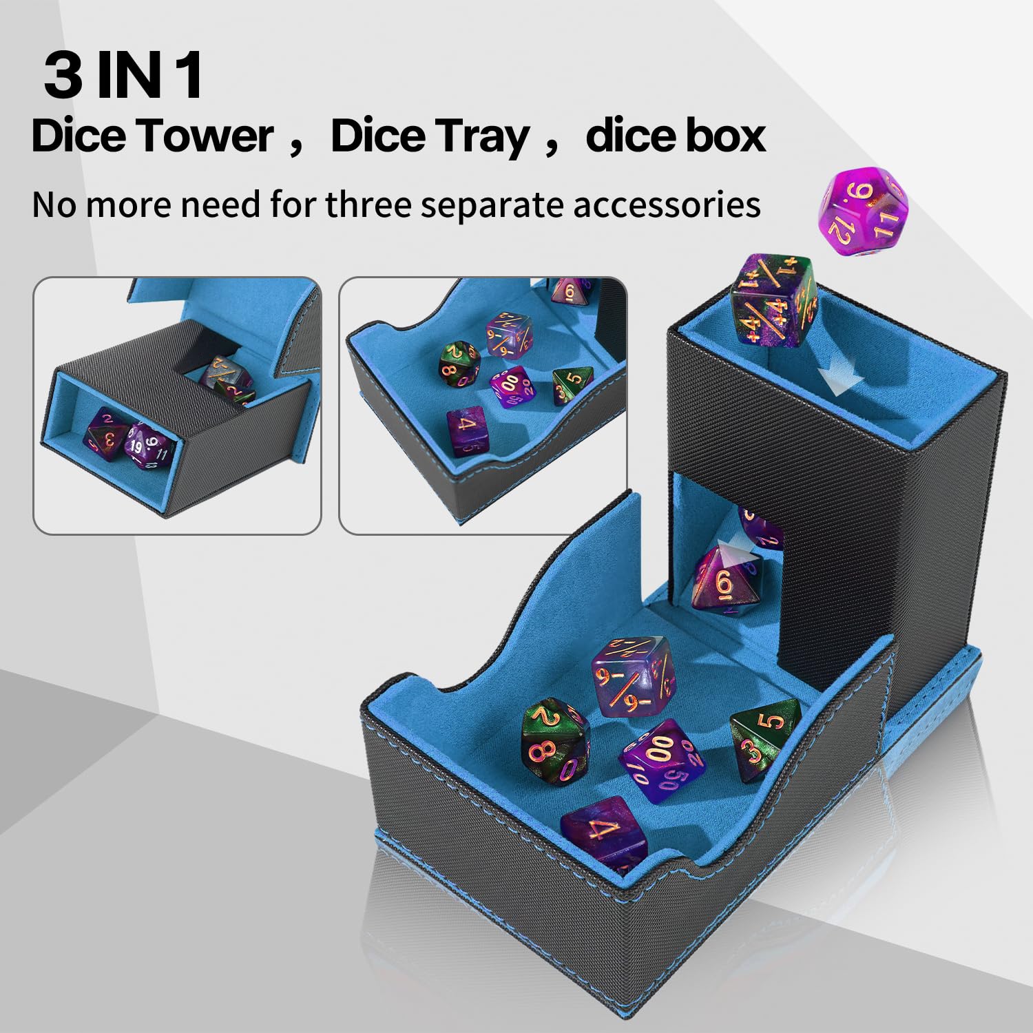 Stepane 3-in-1 Foldable Dice Tower & Tray – Black/Blue PU Leather Magnetic Storage for DND RPG