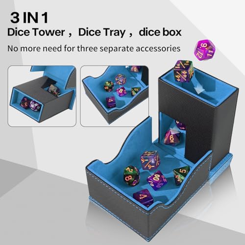 Stepane 3-in-1 Foldable Dice Tower & Tray – Black/Blue PU Leather Magnetic Storage for DND RPG