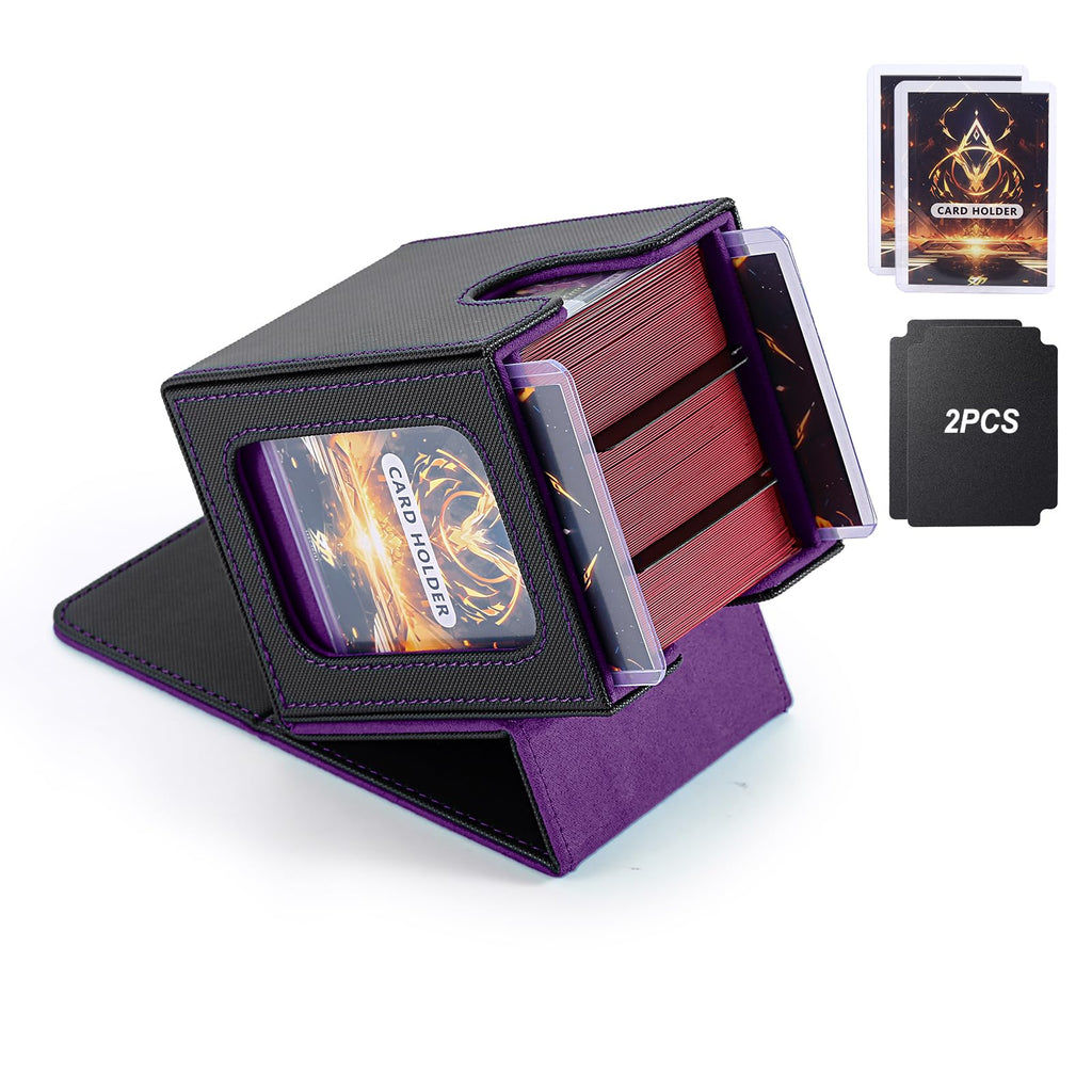 Stepane MTG Commander Deck Box – Black/Violet PU Leather, Holds 120+ Single-Sleeved Cards, Double Display Window with 2 Dividers & 2 Toploaders