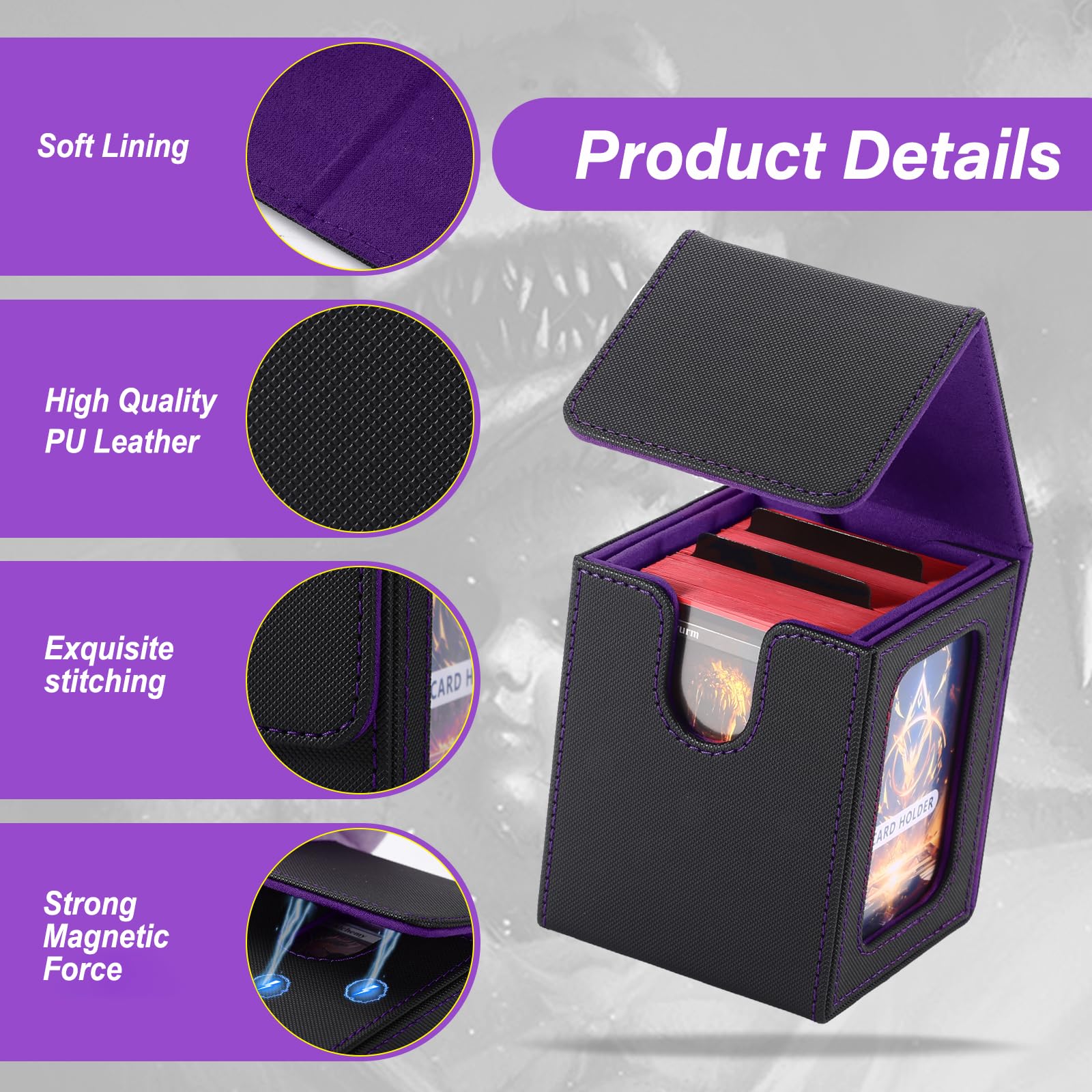 Stepane MTG Commander Deck Box – Black/Violet PU Leather, Holds 120+ Single-Sleeved Cards, Double Display Window with 2 Dividers & 2 Toploaders