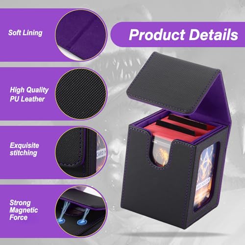 Stepane MTG Commander Deck Box – Black/Violet PU Leather, Holds 120+ Single-Sleeved Cards, Double Display Window with 2 Dividers & 2 Toploaders