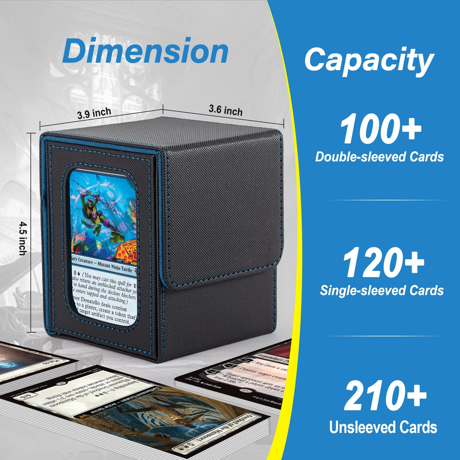 Stepane MTG Deck Box, Double Display Window Commander Case, Holds 120+ Single-Sleeved Cards, PU Leather with Magnetic Closure, Black/Blue