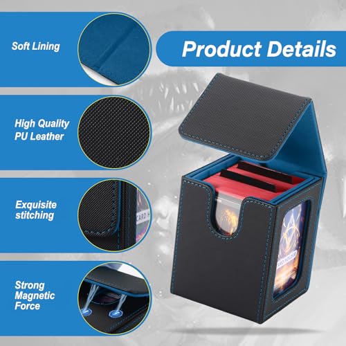Stepane MTG Deck Box, Double Display Window Commander Case, Holds 120+ Single-Sleeved Cards, PU Leather with Magnetic Closure, Black/Blue