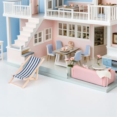 STOBOK 3-Pack Miniature Beach Chair & Table Set - 1:12 Scale Dollhouse Furniture, Blue Striped Foldable Chairs and Table for DIY Crafts and Pool Party Decor