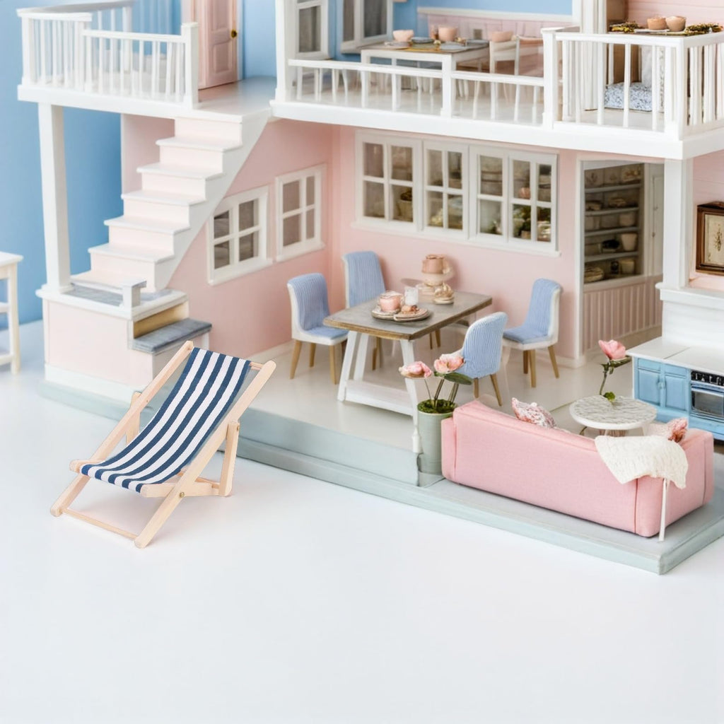 STOBOK 3-Pack Miniature Beach Chair & Table Set - 1:12 Scale Dollhouse Furniture, Blue Striped Foldable Chairs and Table for DIY Crafts and Pool Party Decor