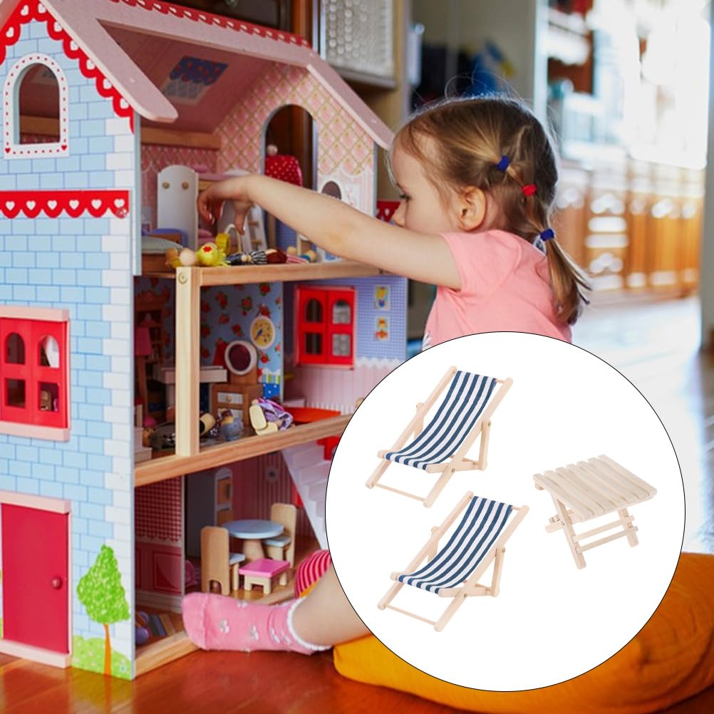 STOBOK 3-Pack Miniature Beach Chair & Table Set - 1:12 Scale Dollhouse Furniture, Blue Striped Foldable Chairs and Table for DIY Crafts and Pool Party Decor