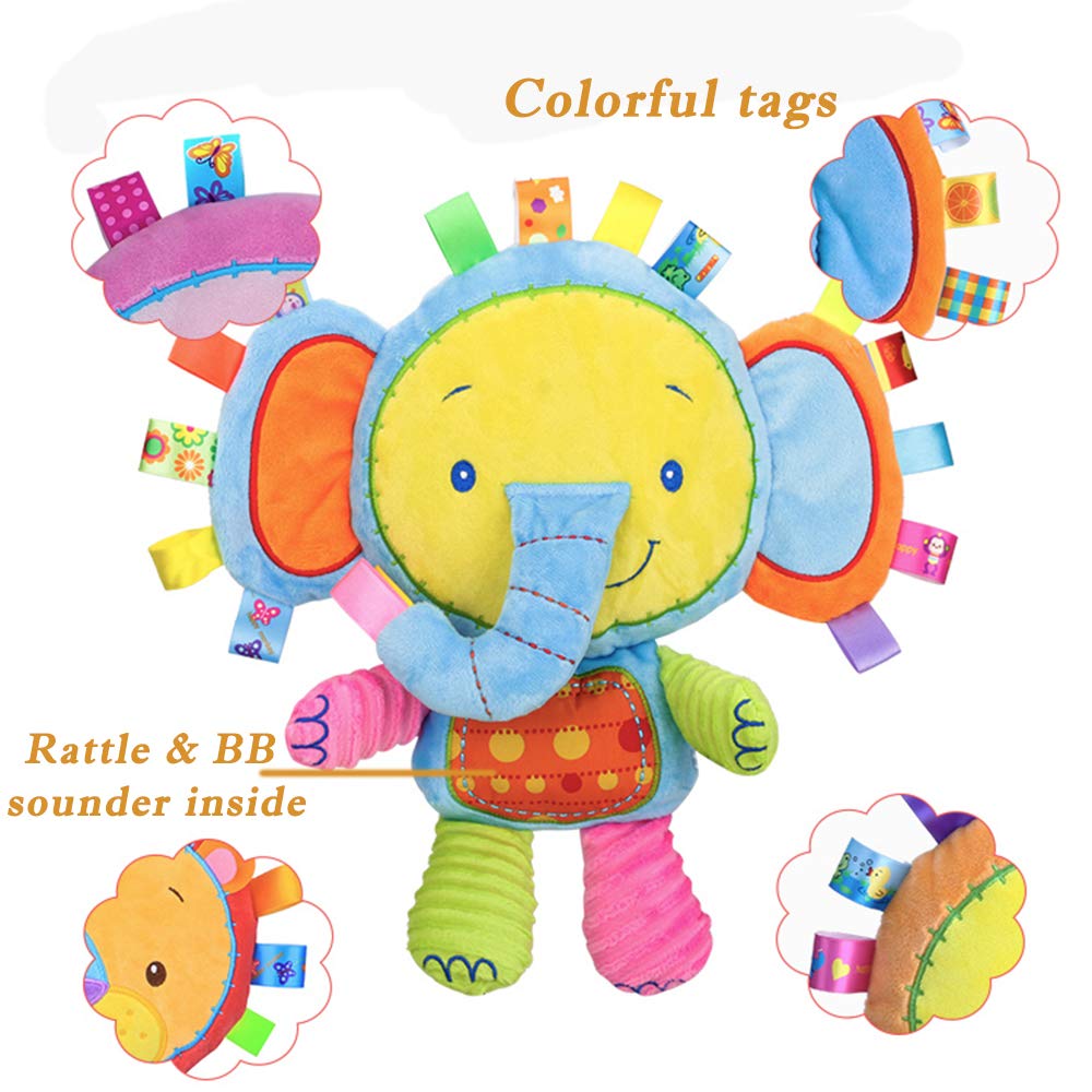 StoHua Baby Elephant Taggie Security Blanket with Satin Tags and Rattle - Soft Sensory Plush Toy for Newborns, Infants, Toddlers