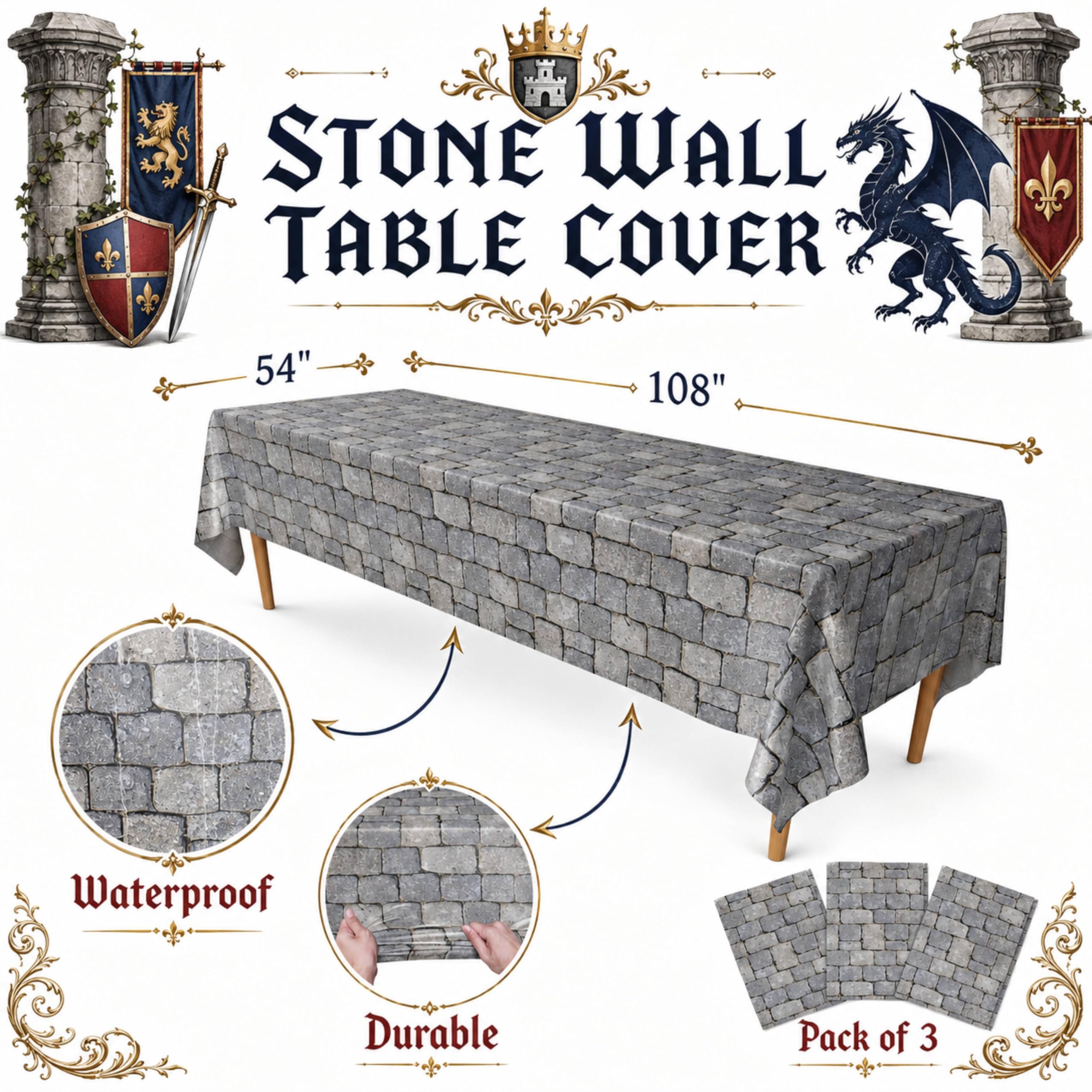 Stone Wall Table Covers (Pack of 3) - 54x108in - Medieval Knight Party Decor