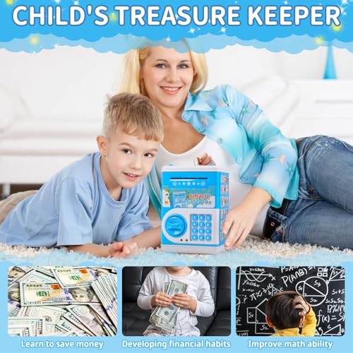 STOPKLAS Electronic ATM Piggy Bank for Kids – Blue, Password Protected with Auto Bill Roll