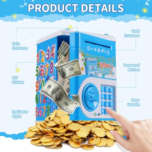 STOPKLAS Electronic ATM Piggy Bank for Kids – Blue, Password Protected with Auto Bill Roll