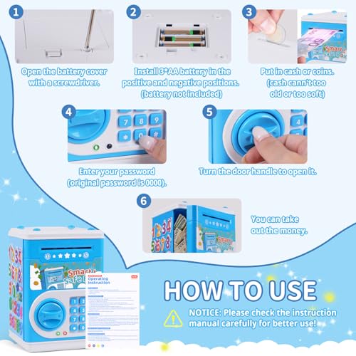 STOPKLAS Electronic ATM Piggy Bank for Kids – Blue, Password Protected with Auto Bill Roll