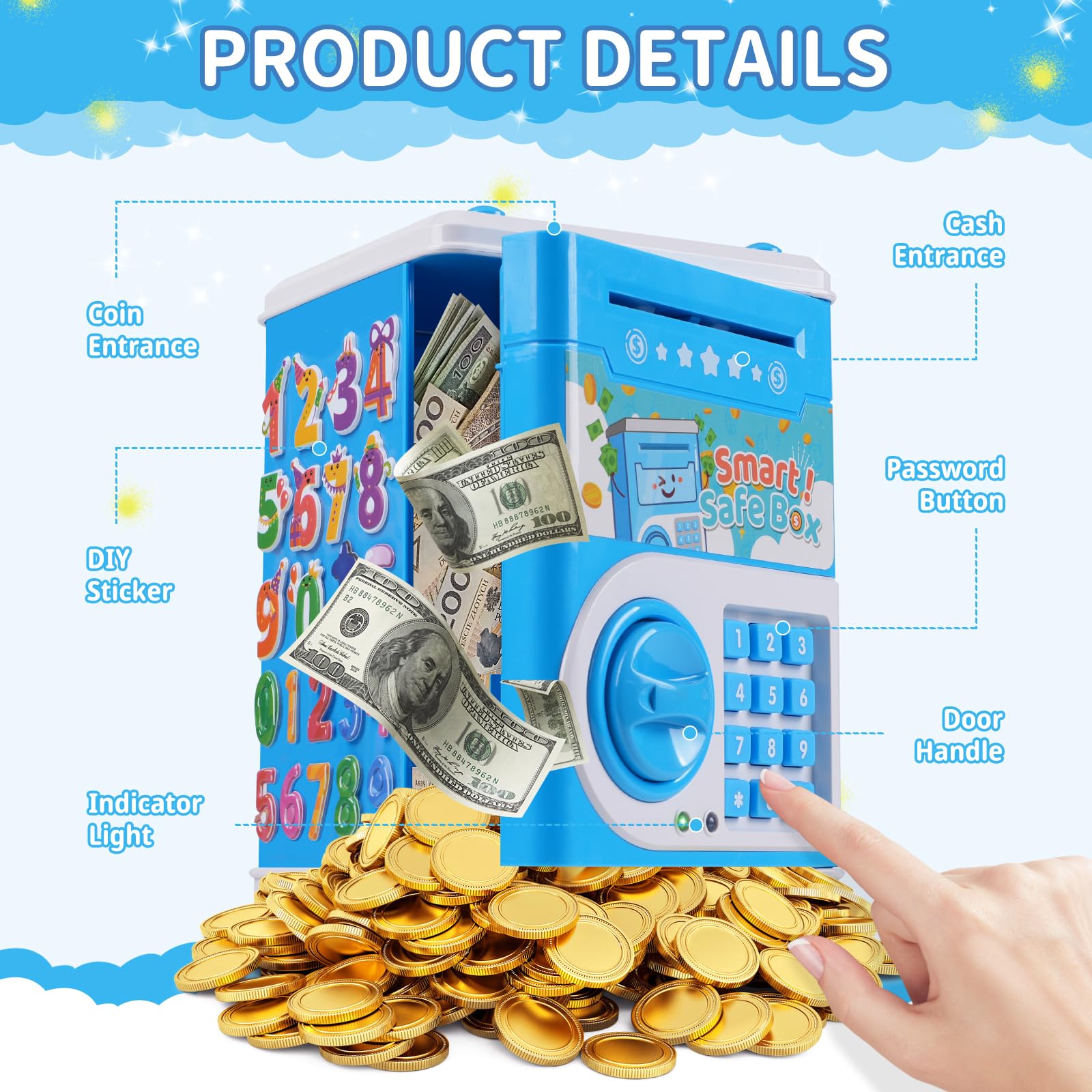 STOPKLAS Electronic ATM Piggy Bank for Kids – Blue, Password Protected with Auto Bill Roll