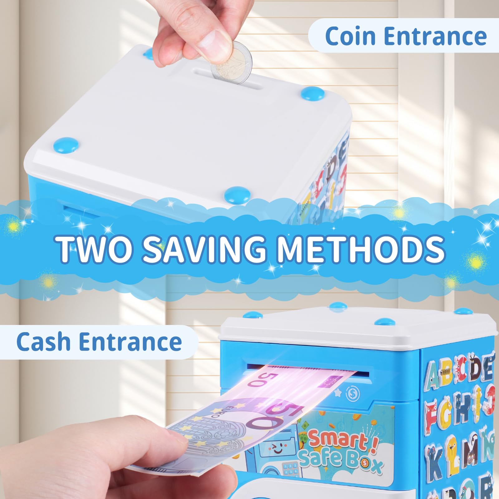 STOPKLAS Electronic ATM Piggy Bank for Kids – Blue, Password Protected with Auto Bill Roll