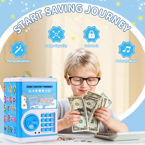 STOPKLAS Electronic ATM Piggy Bank for Kids – Blue, Password Protected with Auto Bill Roll