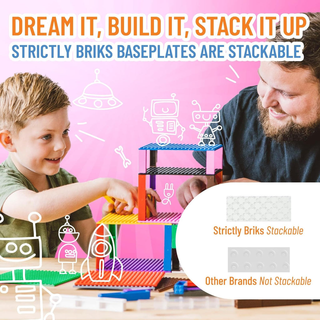 Strictly Briks 10x10 White Stackable Base Plate – 32x32 Pegs Compatible with Major Brick Brands