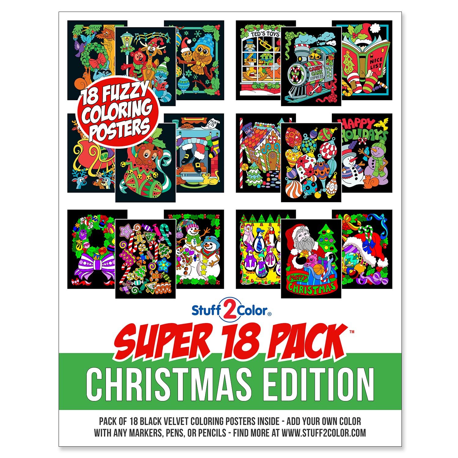 Stuff2Color Super Pack of 18 Fuzzy Velvet Coloring Posters (Christmas Edition) - Family Craft Activity for All Ages