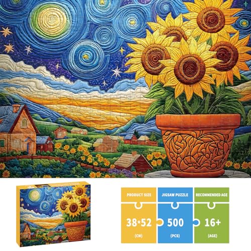 STYISHANG 500 Piece Sunflower Puzzle for Adults – Starry Night Jigsaw, 20.47 x 14.96 inches with Poster