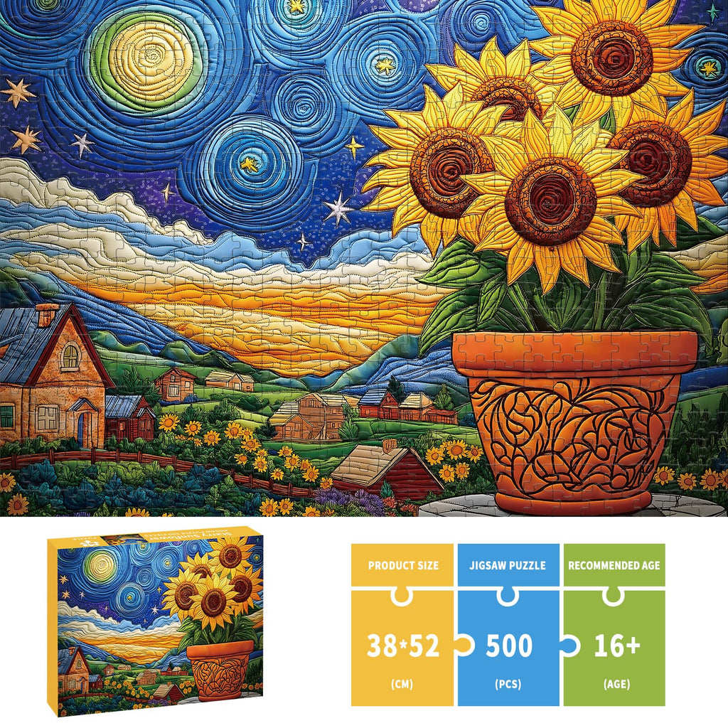 STYISHANG 500 Piece Sunflower Puzzle for Adults – Starry Night Jigsaw, 20.47 x 14.96 inches with Poster