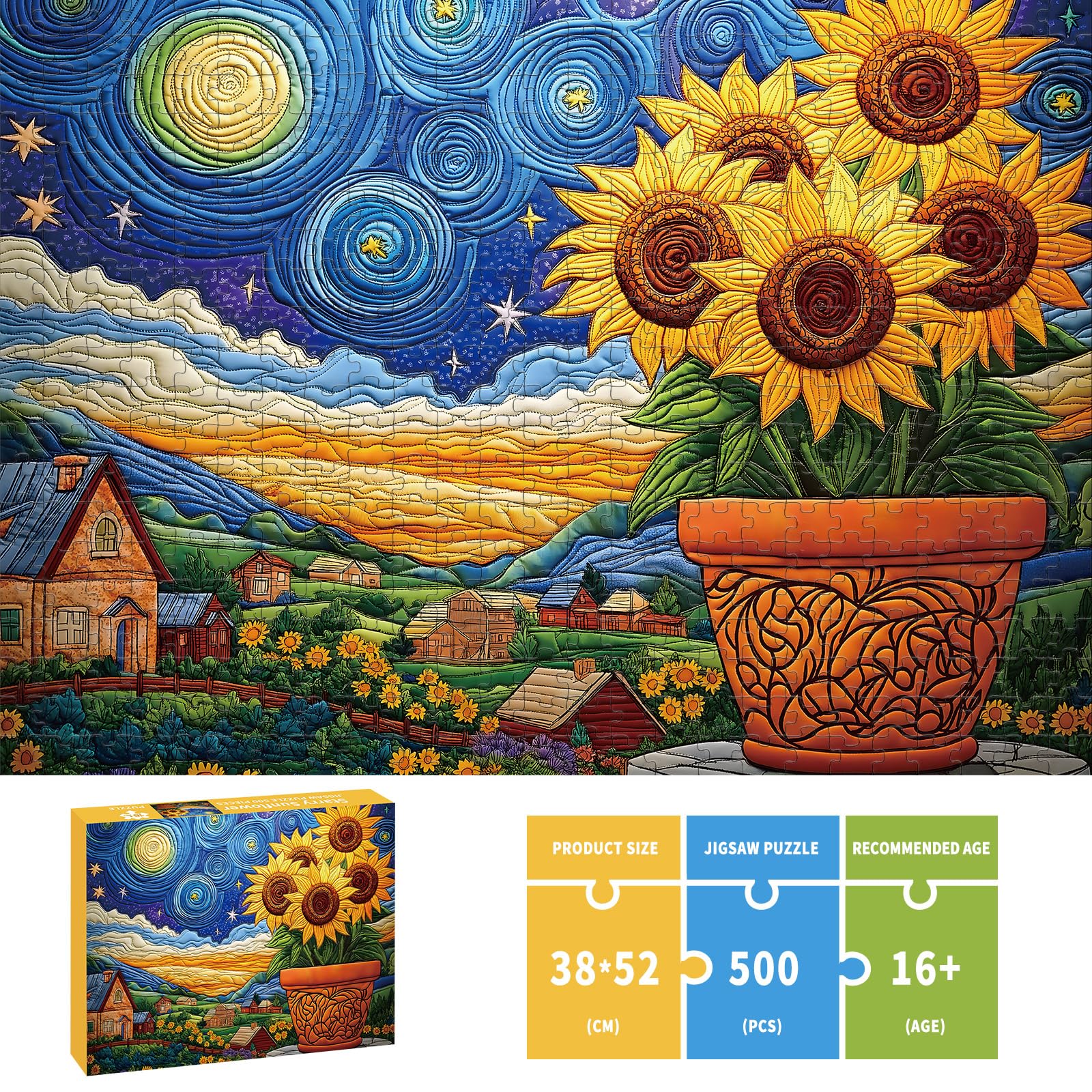 STYISHANG 500 Piece Sunflower Puzzle for Adults – Starry Night Jigsaw, 20.47 x 14.96 inches with Poster