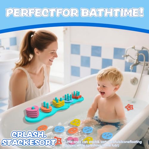 Suction Baby Bath Toys – 20-Piece Silicone Shape Sorting & Stacking Set for Toddlers 3-5